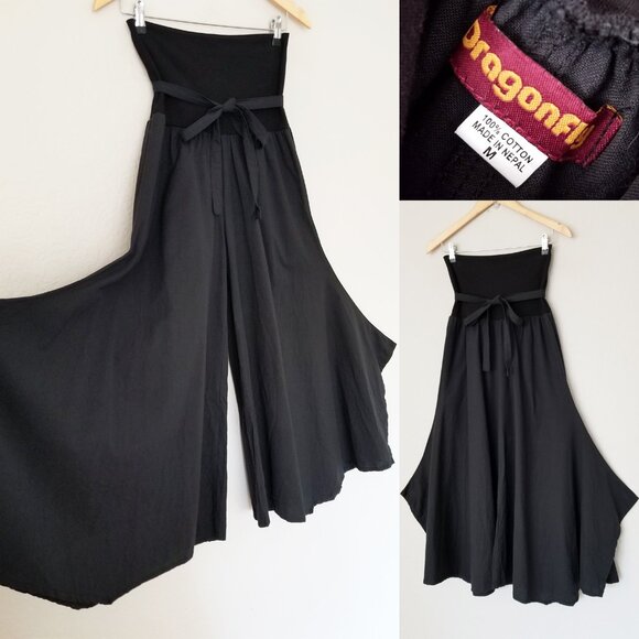 DRAGONFLY Fair Trade Wide Leg High Waist Tie Belt Palazzo Pant M Black Lagenlook - Picture 1 of 15